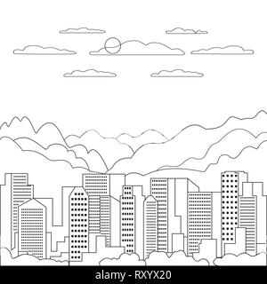 Thin line city landscape flat. Panorama design urban modern city with high skyscrapers, buildings, mountains, hills, trees, sky, clouds and sun. Line  Stock Vector