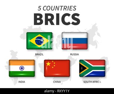 BRICS and membership flag . Association of 5 countries . Round angle rectangle shiny button and country map background of member . Vector . Stock Vector