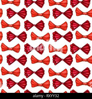 Red bows hand drawn color seamless pattern. Ribbon gift knots cartoon texture. Bowknots flat contour cliparts. Bow-ties in dots doodle sketch background. Wallpaper, wrapping paper festive design Stock Vector