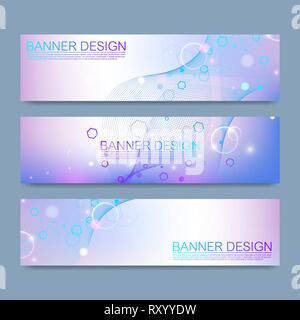 Abstract molecules banners set with lines, dots, circles, polygons. Vector design network communication background. Futuristic digital science Stock Vector
