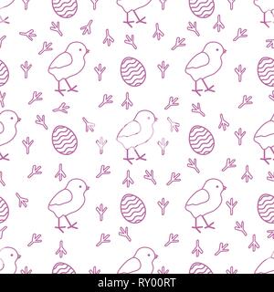 Seamless pattern with chicken, traces of chicken, decorated eggs. Happy Easter. Festive background. Design for banner, poster or print. Stock Vector