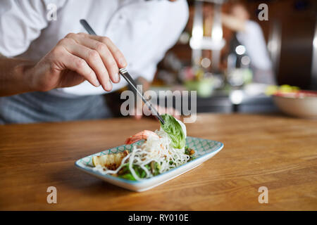 Chef Decorating Gourmet Dish Closeup Stock Photo