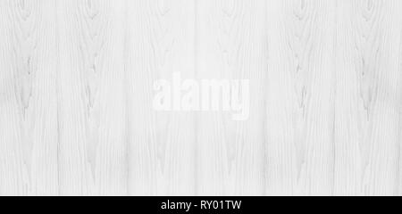 Wide Table top view of wood texture in white light natural color background. Panoramic Grey clean grain wooden floor birch panel backdrop with plain b Stock Photo