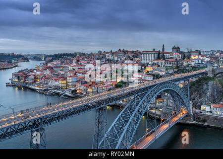Looking across the Dom Luis bridge to Riberia in Porto Portugal Stock Photo