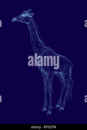 Polygonal giraffe made from blue lines on a dark background. 3D giraffe wireframe. Vector illustration Stock Vector