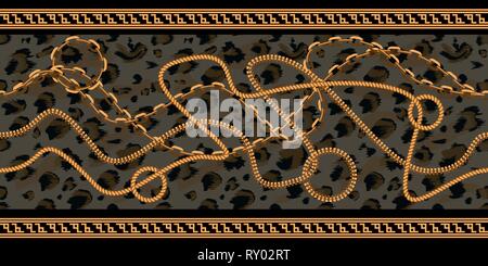 Horizontal Seamless Chain Pattern with leopard skin texture. Gold color ...