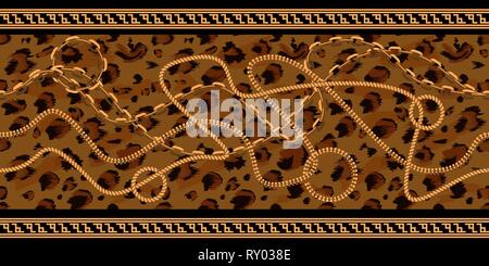 Horizontal Seamless Chain Pattern with leopard skin texture. Gold color design with abstract geometrical border. Flat vector illustration. Stock Vector
