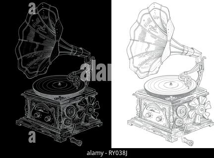 Fantasy grotesque vintage steampunk style gramophone. Hand drawn vector ink pen illustration light gray on white and black background. Music festival Stock Vector
