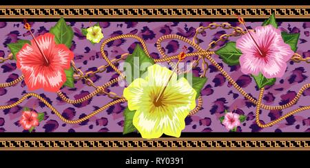 Horizontal chains seamless with tropical flowers and leopard skin. Horizontal seamless border. Vector illustration. Stock Vector