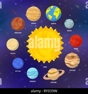 Set of bright cartoon planets of solar system on deep space background Stock Vector