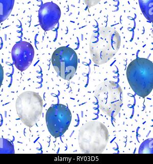 Bright serpentine and confetti with blue and white balloons, seamless pattern on white background Stock Vector