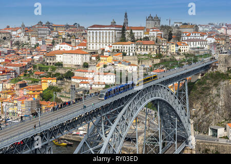 Looking across the Dom Luis bridge to Riberia in Porto Portugal Stock Photo