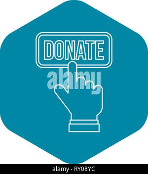Hand presses button to donate icon, outline style Stock Vector