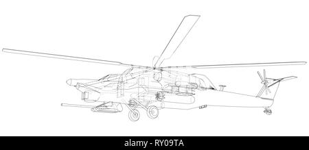 Drawing of helicopter, Vector wireframe concept. Created illustration of 3d. The layers of visible and invisible lines are separated. Stock Vector