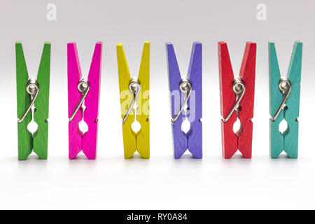 Colorful clothespin. Multicolor Wooden clip set on white background. Stock Photo