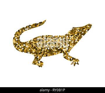 Silhouette of a crocodile. Vector illustration. Simple icon. Gold sequins. Stock Vector