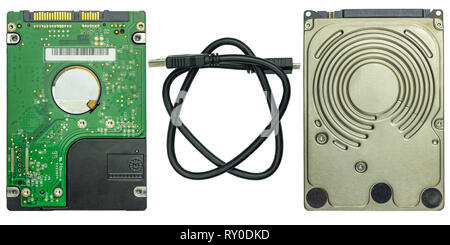 Close up old laptop hard drive with external hard disk usb cable on isolate background. Stock Photo