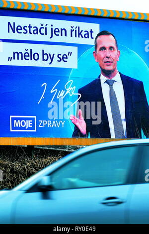 Billboard shows Czech TV Barrandov owner Jaromir Soukup advertising his TV show 'MY NEWS', Letovice, Czech Republic, March 2, 2019. (CTK Photo/Petr Sv Stock Photo