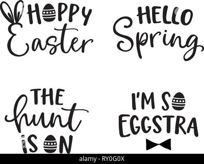 Happy Easter lettering set. Black hand lettered quotes with eggs for greeting cards, gift tags, labels, T-shirts. Typography collection. Spring and Stock Vector