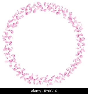 Petal circle decoration element on white isolated background. Soft pink flower parts blowing in the wind in round shape. Spring banner or logo design  Stock Vector