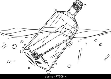 Cartoon Drawing of Message in Bottle Floating in Ocean Stock Vector