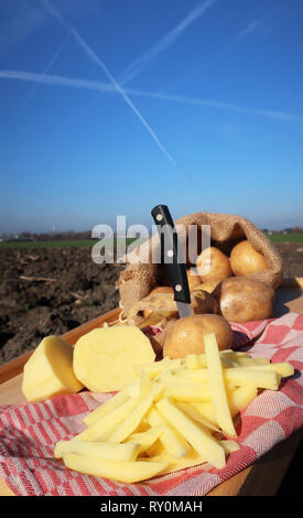 Potatoes and fresh sliced  chips in a field Stock Photo