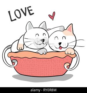 cute couple friendship cat hug each other on pink background Stock Vector