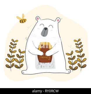 cute white bear having coffee in spring season with a little bee Stock Vector