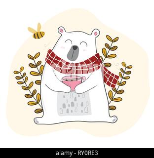 cute white bear having coffee in spring season with a little bee Stock Vector