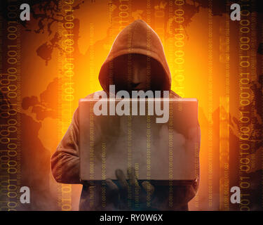 Hacker in black hoodie holding laptop with his hand and world map with binary code over bright background Stock Photo