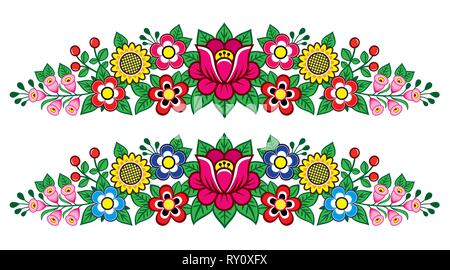 Polish folk art vector floral long decoration, Zalipie decorative pattern with flowers and leaves - greeting card, wedding invitation Stock Vector