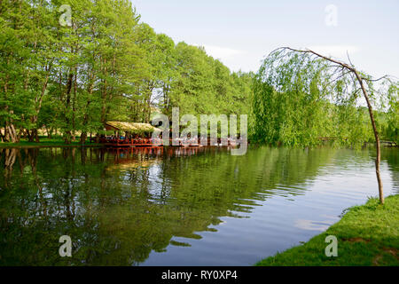 Restaurant on lakeshore, Tushemisht, source area of lake Ohrid, Drilon National Park near Pogradec, Korca region, Albania, Korça Stock Photo