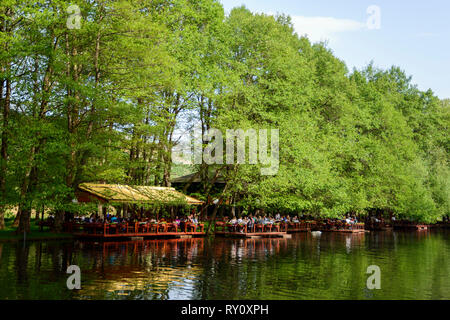 Restaurant on lakeshore, Tushemisht, source area of lake Ohrid, Drilon National Park near Pogradec, Korca region, Albania, Korça Stock Photo