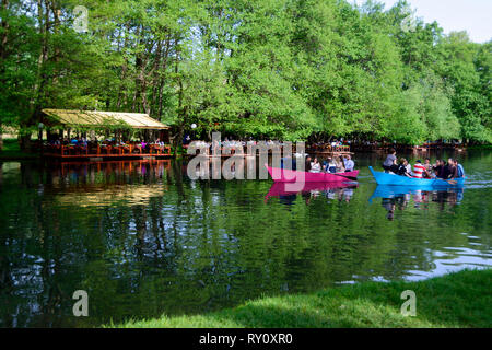 Restaurant on lakeshore, Tushemisht, source area of lake Ohrid, Drilon National Park near Pogradec, Korca region, Albania, Korça Stock Photo