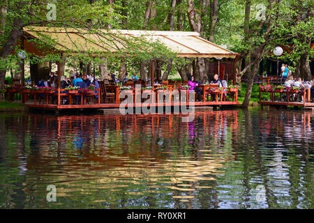 Restaurant on lakeshore, Tushemisht, source area of lake Ohrid, Drilon National Park near Pogradec, Korca region, Albania, Korça Stock Photo