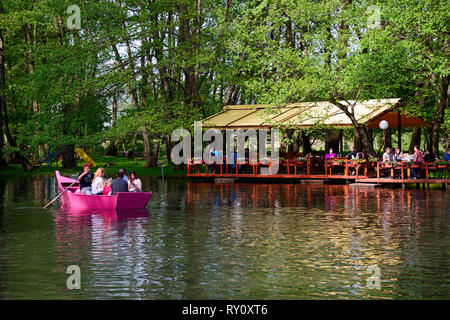 Restaurant on lakeshore, Tushemisht, source area of lake Ohrid, Drilon National Park near Pogradec, Korca region, Albania, Korça Stock Photo