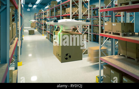 3d rendering image of drones work in warehouse Stock Photo