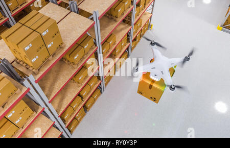 drones work in warehouse 3d rendering image Stock Photo