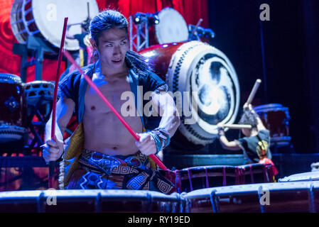 London, UK.  11 March 2019.  Jun Kato, a member of Yamato, the Japanese taiko drumming troupe, previewing their newest work 'Passion'.  The show opens to the public at The Peacock theatre 12 to 31 March 2019.  Used in Shinto rituals, the Odaiko drums weigh over half a tonne each and are played by the troupe with ferocity and strength to produce a heart-thumping torrent of music.  Credit: Stephen Chung / Alamy Live News Stock Photo