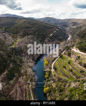 Arouca, Aveiro, Portugal. 14th Sep, 2017. View of a small suspension bridge that crosses the river Paiva in walkways.Paiva Walkways are located on the left bank of the Paiva River, in the municipality of Arouca, district of Aveiro, Portugal. There are 8 km of course that stretches between the river banks of Areinho and Espiunca. Credit: Henrique Casinhas/SOPA Images/ZUMA Wire/Alamy Live News Stock Photo