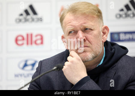 Sarajevo, BiH. 11th Mar, 2019. Robert Prosinecki, coach of the national soccer team of Bosnia and Herzegovina (BiH) reacts during a press conference in Sarajevo, BiH, March 11, 2019. Prosinecki announced the list of players for the UEFA European Championship 2020 qualifiers. Credit: Nedim Grabovica/Xinhua/Alamy Live News Stock Photo