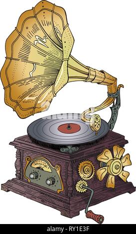 Fantasy grotesque vintage steampunk style gramophone. Hand drawn vector illustration. Music festival, band poster, t-shirt, tattoo, logo design. Stock Vector