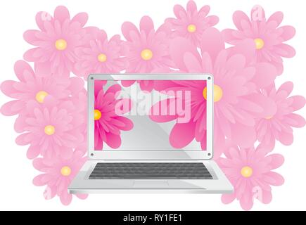 Simple silver laptop with bright flowers, vector illustration Stock Vector
