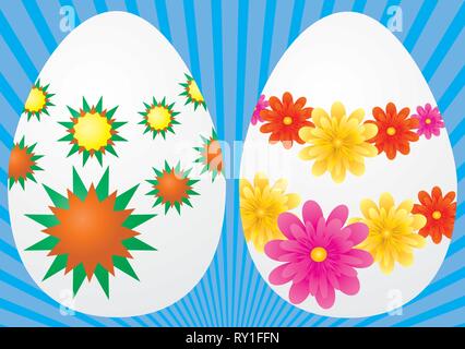 Two white eggs decorated for Easter holiday celebrations, vector illustration Stock Vector