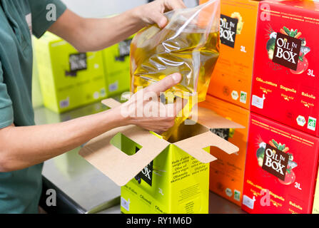 Production of ' Bio Planete ' organic oil, oil factory ' Moog ' in Bram (south of France). Packaging Stock Photo