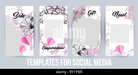 Instagram Stories Creative Modern Photo Frames Pack. Design templates for Social Media Presentations, Branding. Vertical Banners for Sale or Gift. Vector Illustrations with Acrylic Paintings Stock Vector
