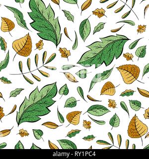 Autumn leaves hand drawn color seamless pattern. Oak, birch, walnut trees foliage vector illustration. Fresh green, autumnal yellow doodle leafage. Botanical wallpaper, textile, wrapping paper design Stock Vector