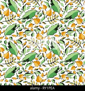 Autumn leaves hand drawn color seamless pattern. Oak, birch, walnut trees foliage vector illustration. Fresh green, autumnal yellow doodle leafage. Botanical wallpaper, textile, wrapping paper design Stock Vector