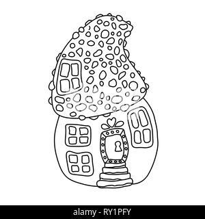 Mushroom house hand drawn vector illustration. Fairy composition outline drawing. Childrens ink pen sketch. Black and white fairytale doodle clipart. Isolated coloring book, linear design element Stock Vector