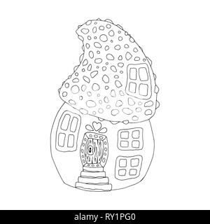Mushroom house hand drawn vector illustration. Fairy composition outline drawing. Childrens ink pen sketch. Black and white fairytale doodle clipart. Isolated coloring book, linear design element Stock Vector